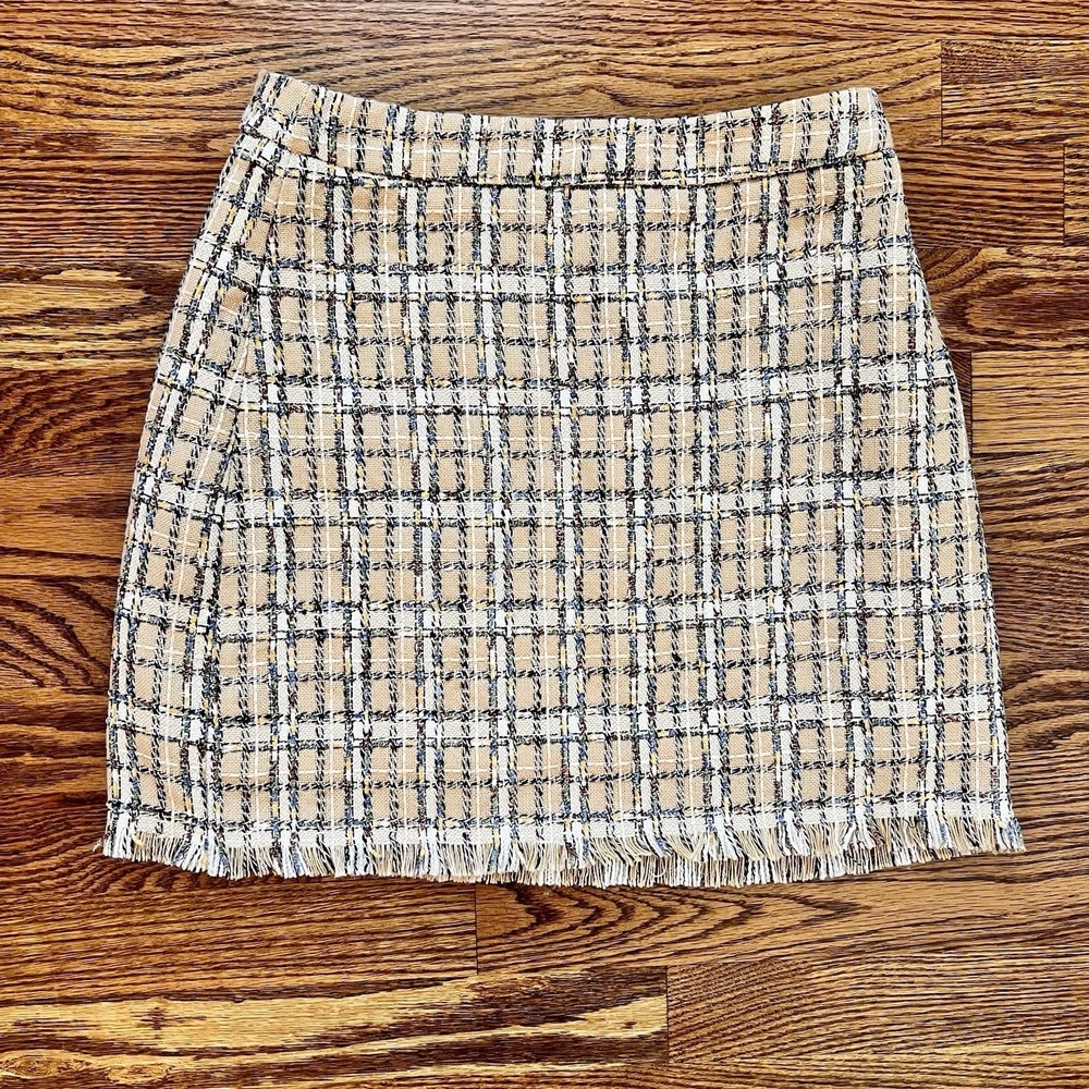 Anthropologie English Factory Tweed Lined Mini Skirt Bottom Hem Fringe Sz S NWT‎